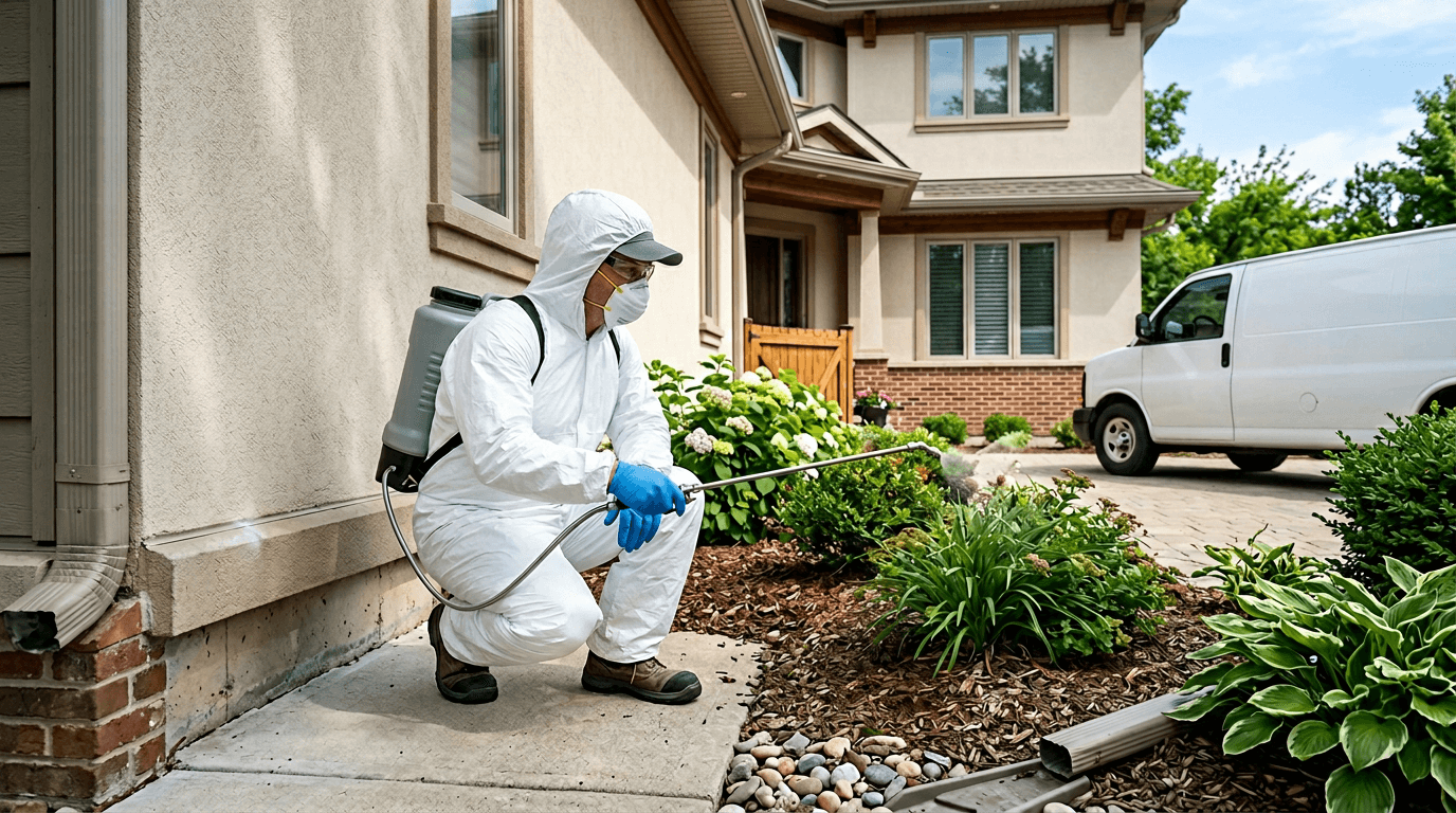 Pest control technician in protective gear preparing a safe household treatment plan in a clean premium interior