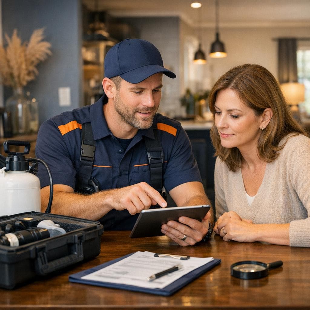 Professional pest inspection scene with documented findings, treatment equipment, and client safety briefing