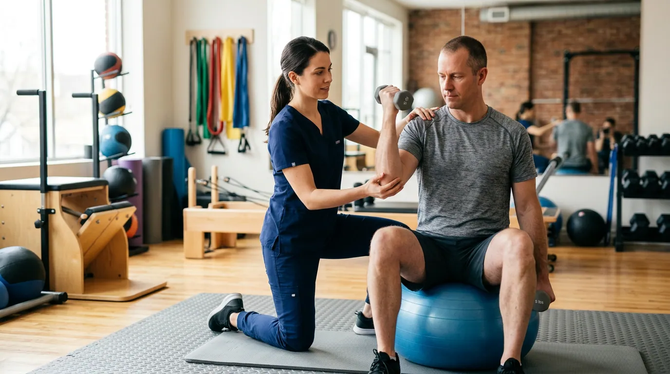 Physiotherapist assessing mobility and pain pattern in a modern treatment room with premium visual style