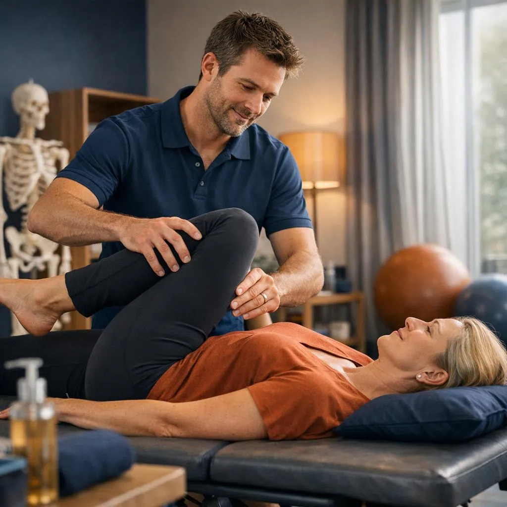 Rehabilitation session scene with guided movement therapy and structured patient progress plan