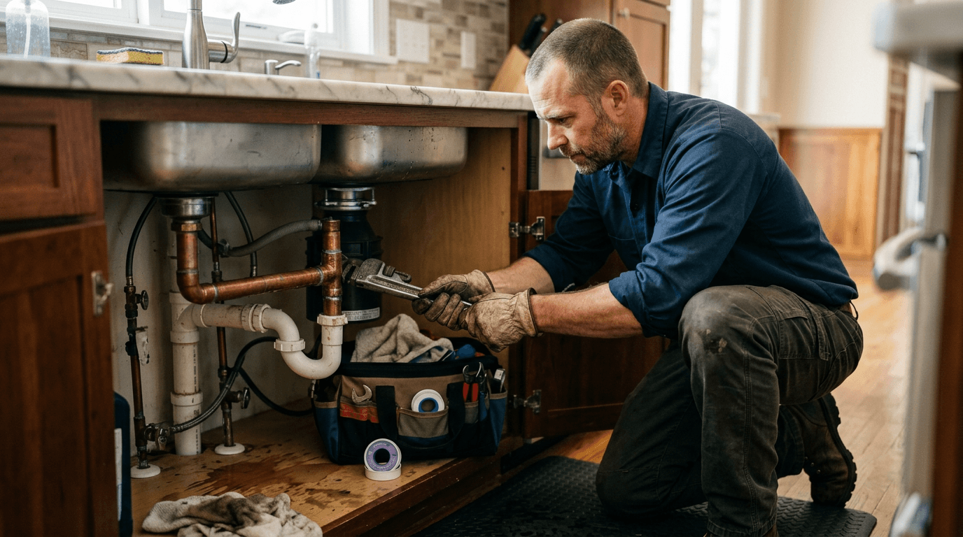 Professional plumber fixing copper pipes in a modern utility room with warm amber and deep navy lighting accents