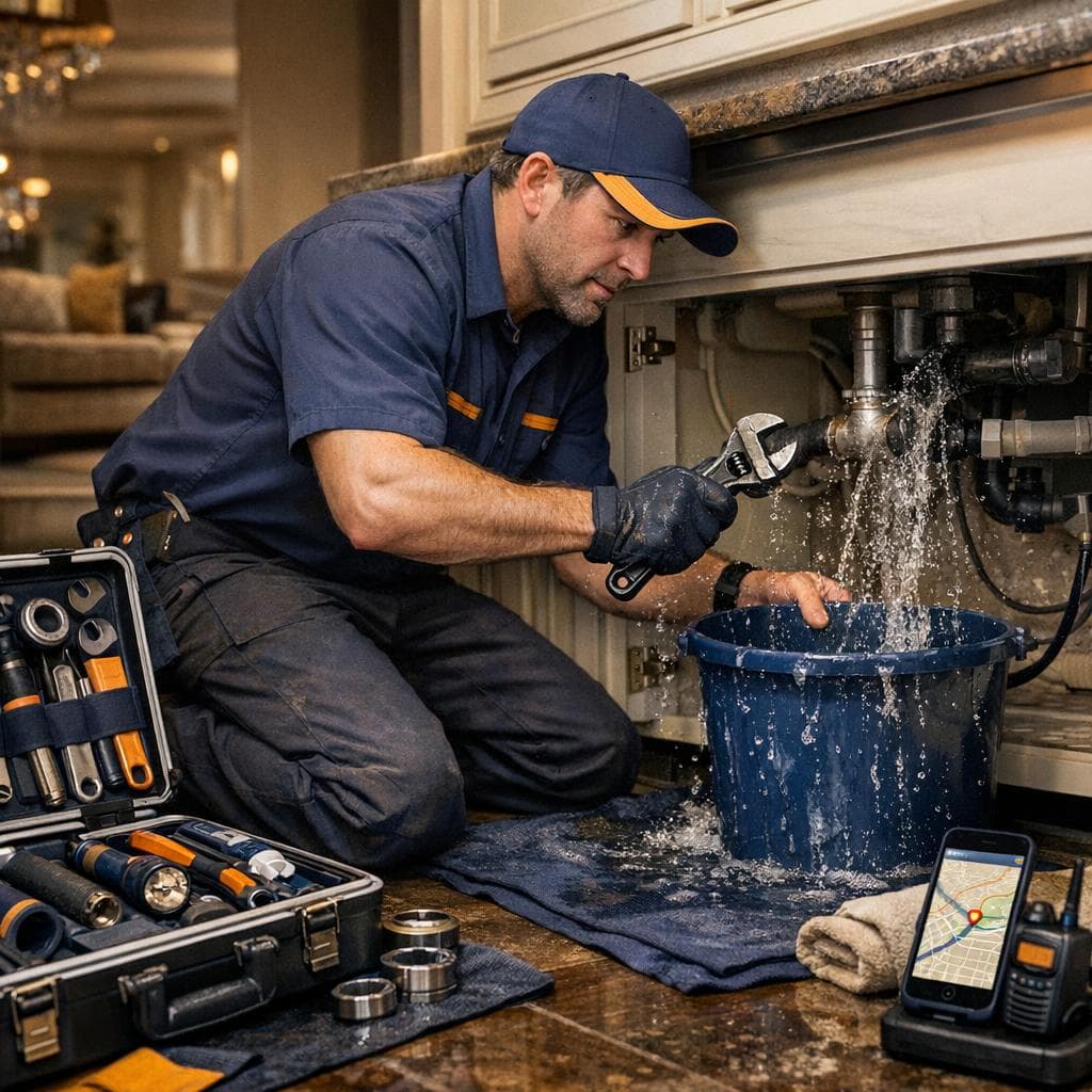 Emergency plumbing response scene with a technician on call, organized tools, and clean premium interior details