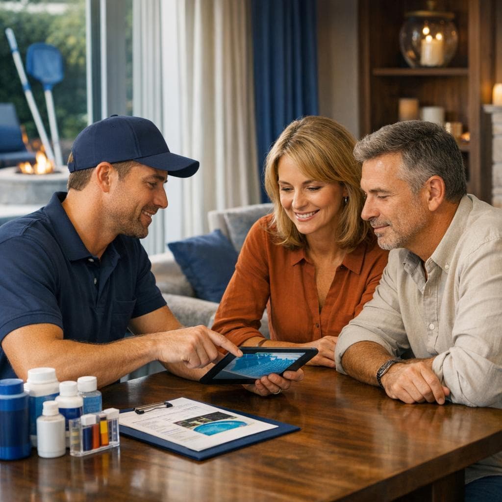 Scena procesu utrzymania i napraw basenu z diagnostyką jakości wody i harmonogramem serwisu