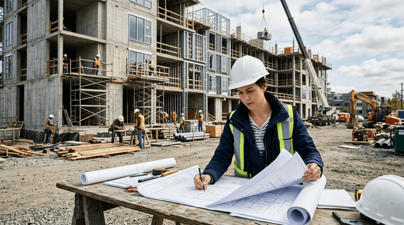 Property developer presenting pre-sale strategy and project roadmap in a premium office context