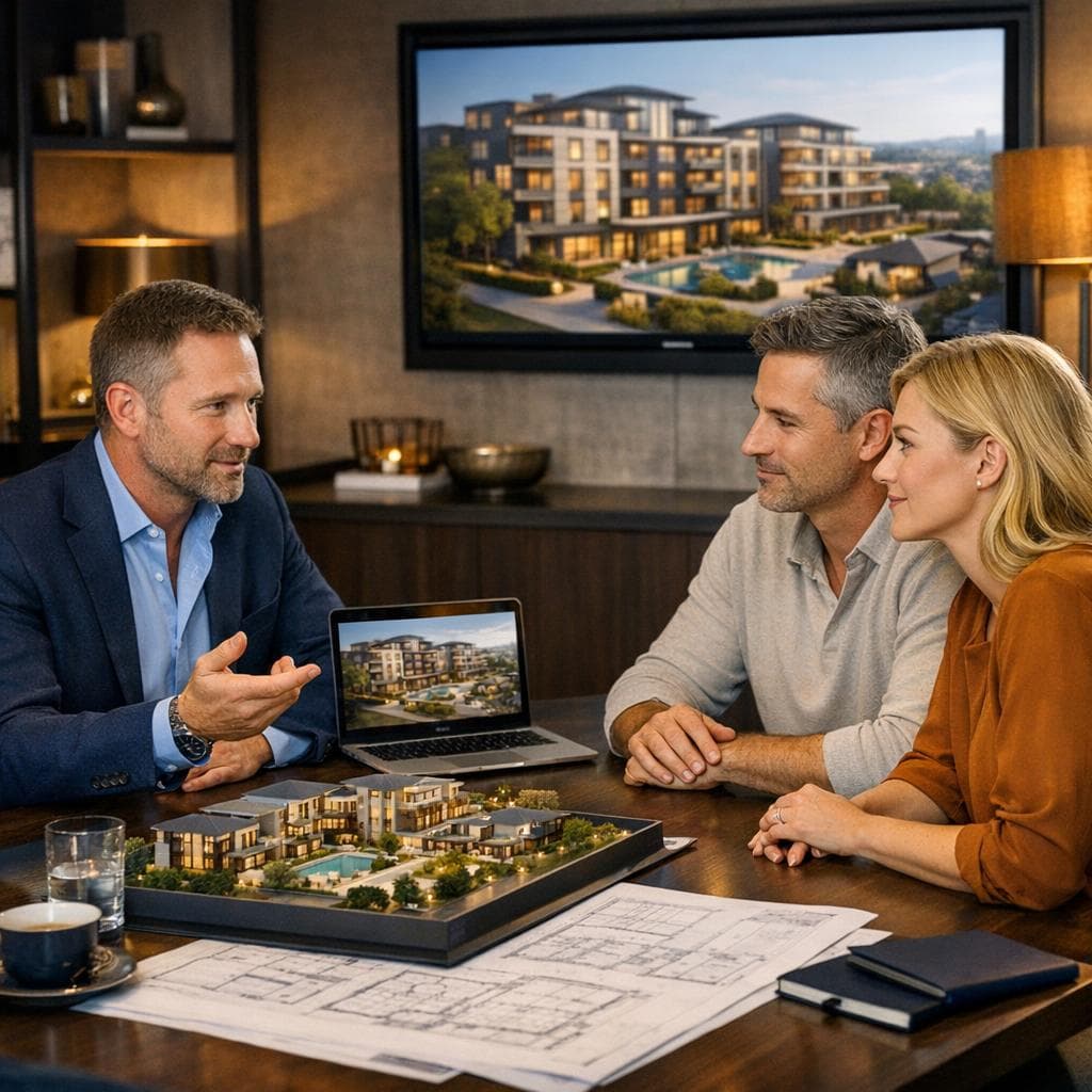 Real estate development launch planning scene with project milestones, financing overview, and buyer journey mapping