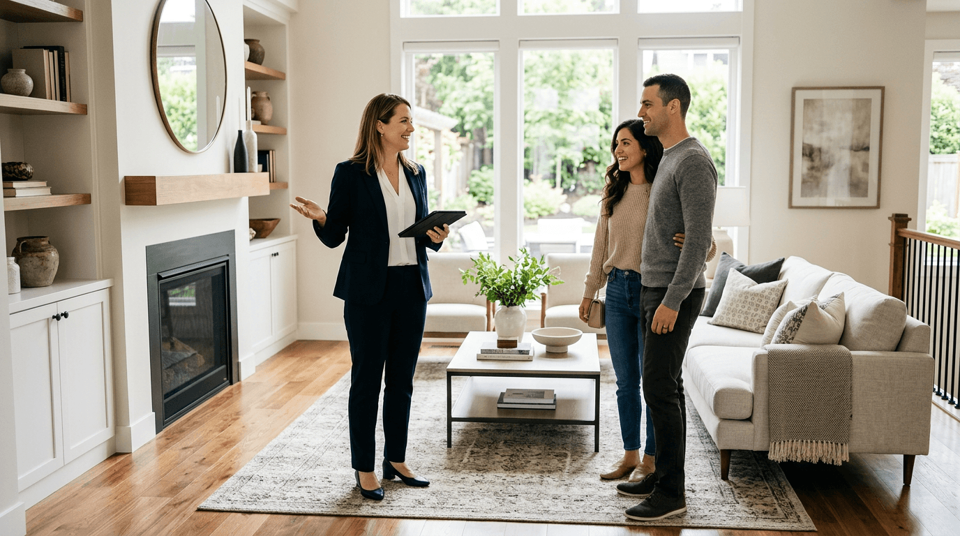 Doradca nieruchomości prezentujący strategię sprzedaży właścicielowi domu w otoczeniu premium