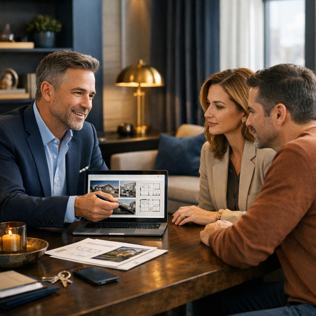 Property selling and buying workflow scene with valuation discussion and neighborhood insights