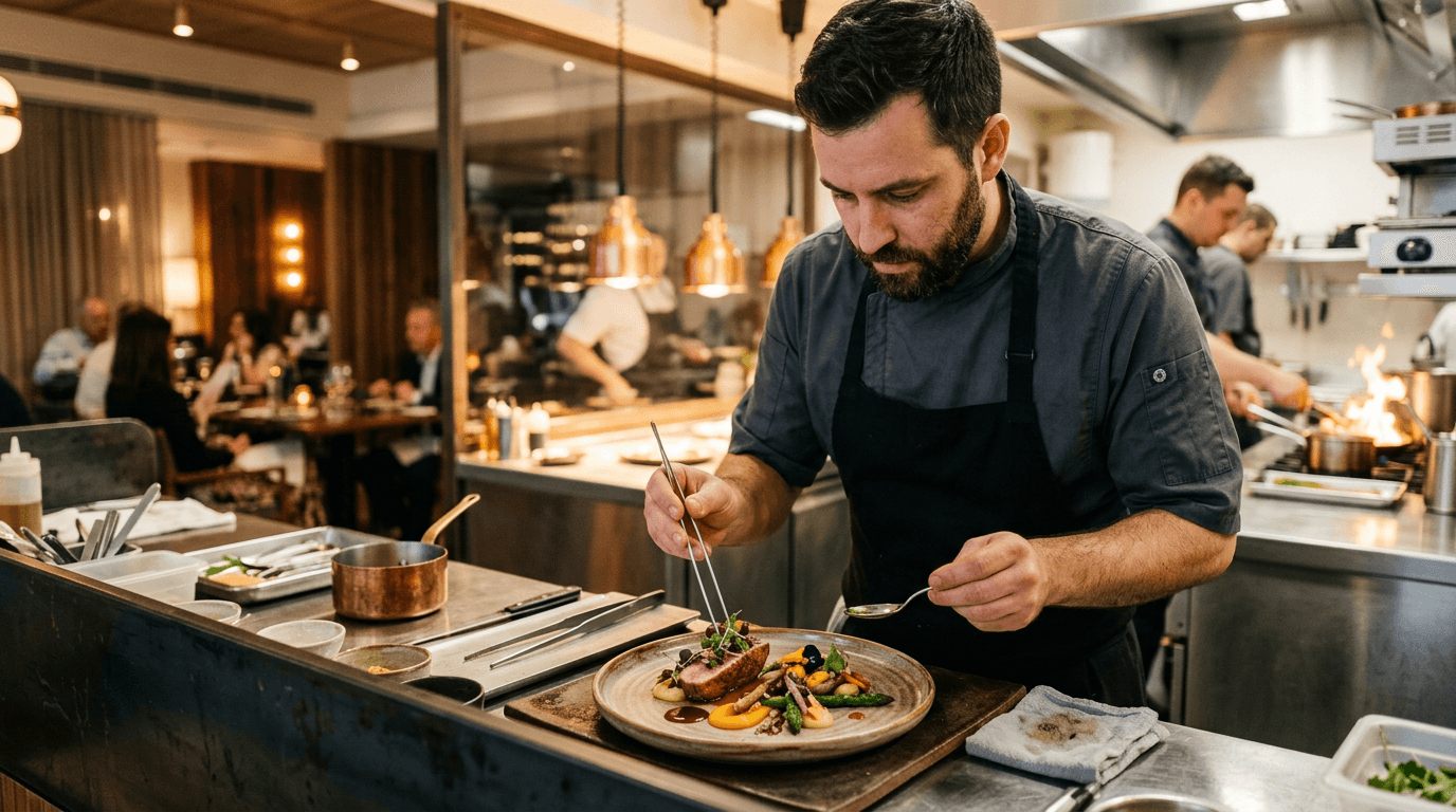 Restaurant manager optimizing reservation flow and guest experience in an upscale dining environment