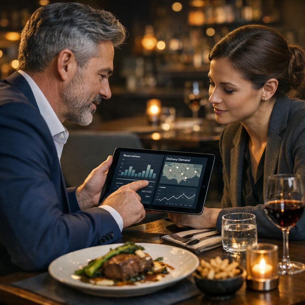 Restaurant service workflow scene with menu decision points, table booking path, and delivery coordination