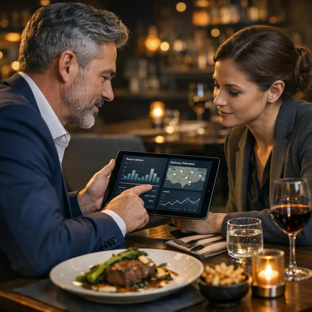 Scena przebiegu obsługi restauracji: ścieżka rezerwacji, decyzje menu i koordynacja dostaw
