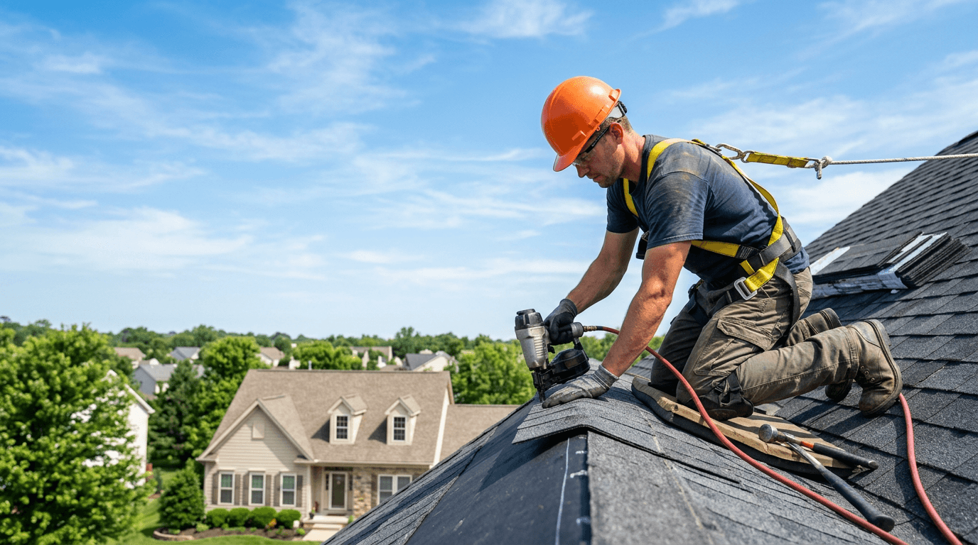 Roofing specialist inspecting storm-damaged shingles on a residential roof with premium navy and amber visual mood