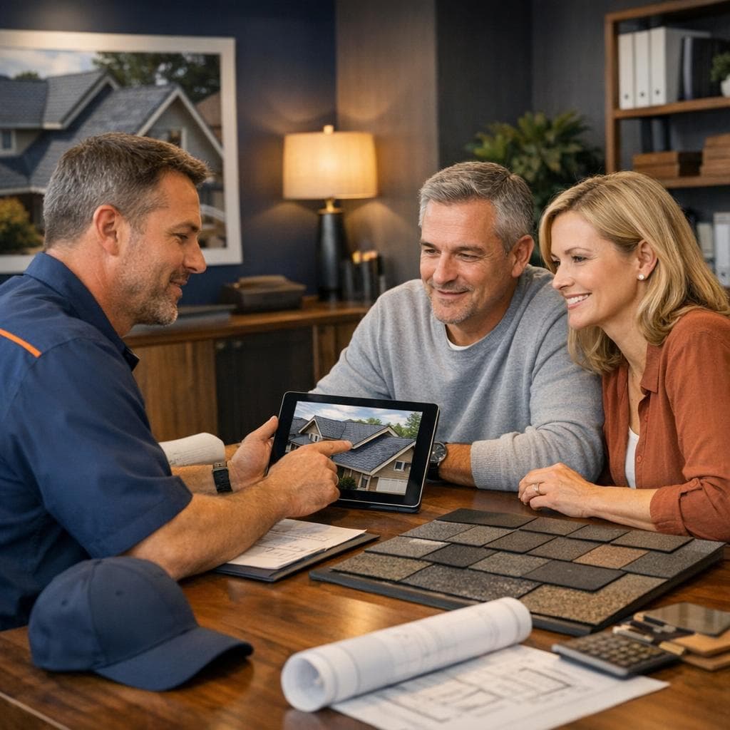 Roof replacement planning scene with measurement tools, safety gear, and clear homeowner consultation context