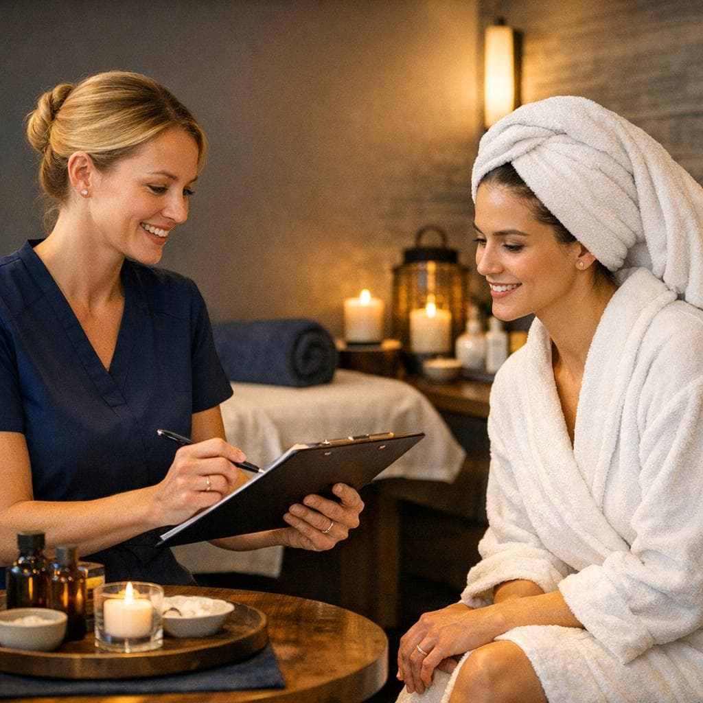 Wellness booking workflow scene with treatment selection, schedule coordination, and personalized care consultation