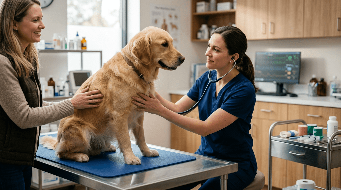 Veterinary specialist consultation with pet owner in a clean premium clinic environment