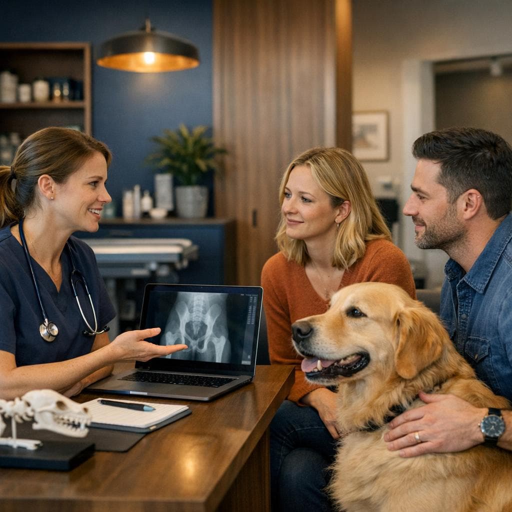 Veterinary care workflow scene showing examination, treatment planning, and calm patient handling