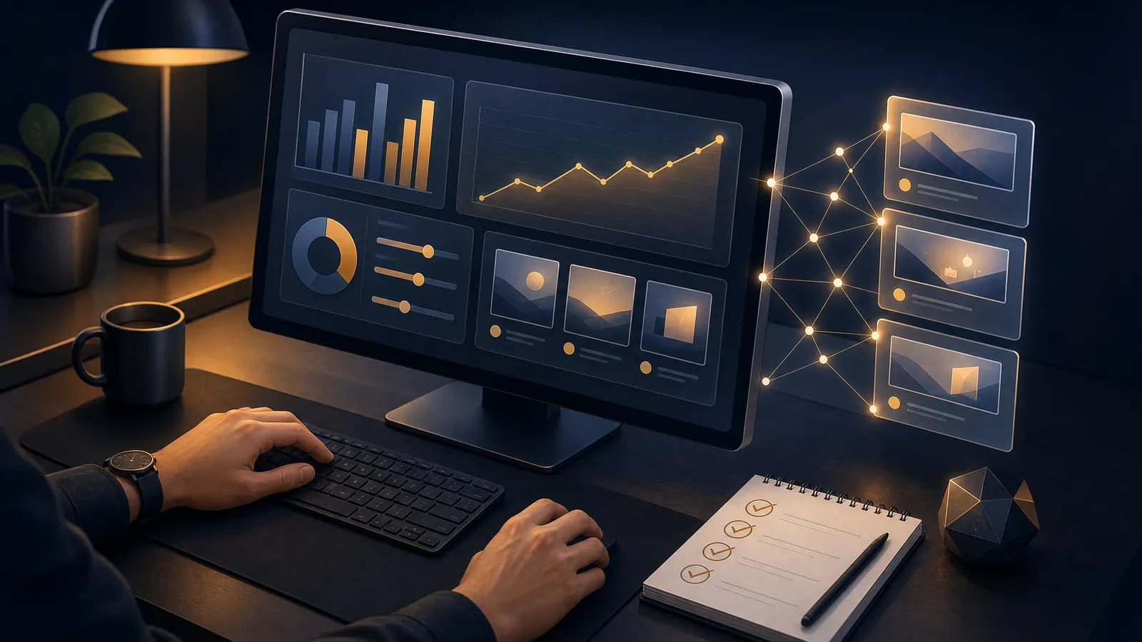 A person at a desk reviewing an advertising dashboard with charts, budget sliders and ad previews, while a network of points links the screen to three suggested ad variants and a ticked checklist waits on the notepad: automated suggestions that a person checks before they go live.