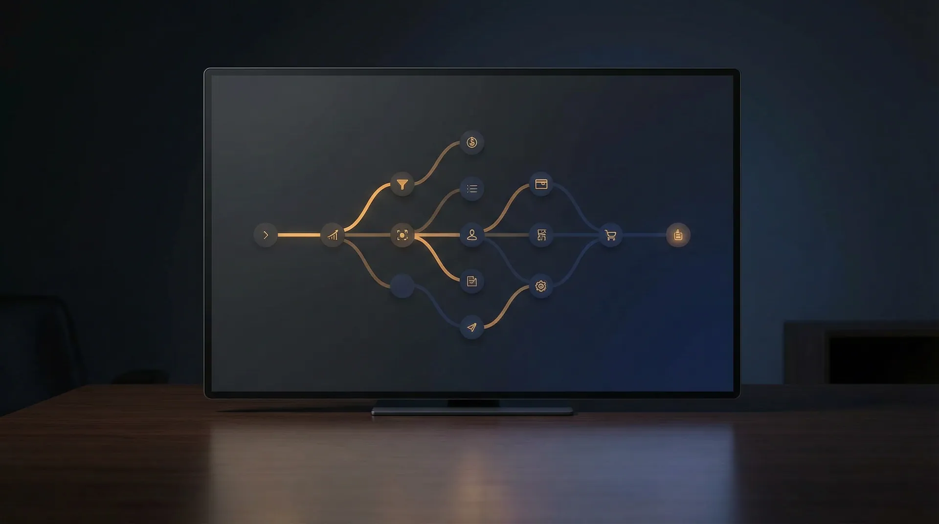 Screen showing a branching path diagram: several marketing touchpoints leading to one conversion