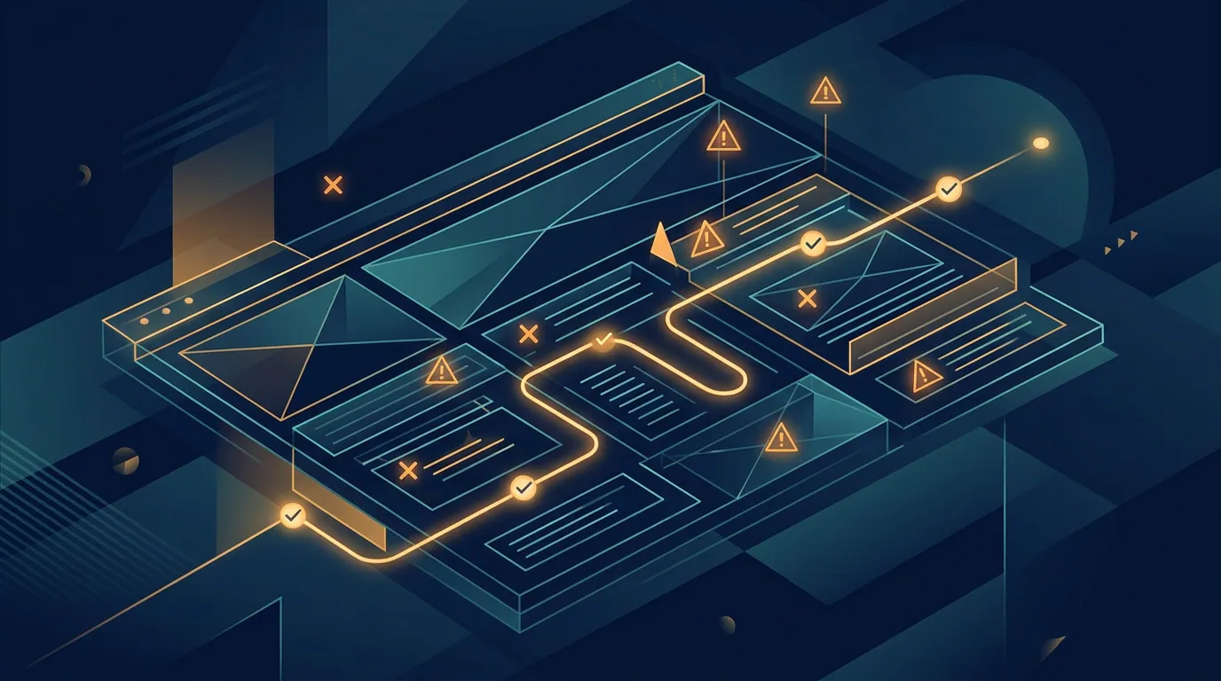 Warning checkpoints along a website wireframe path, minimal line icons, navy and amber.