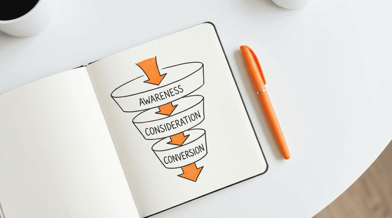 Notebook with hand-drawn funnel and orange arrows, orange pen, white desk, top-down