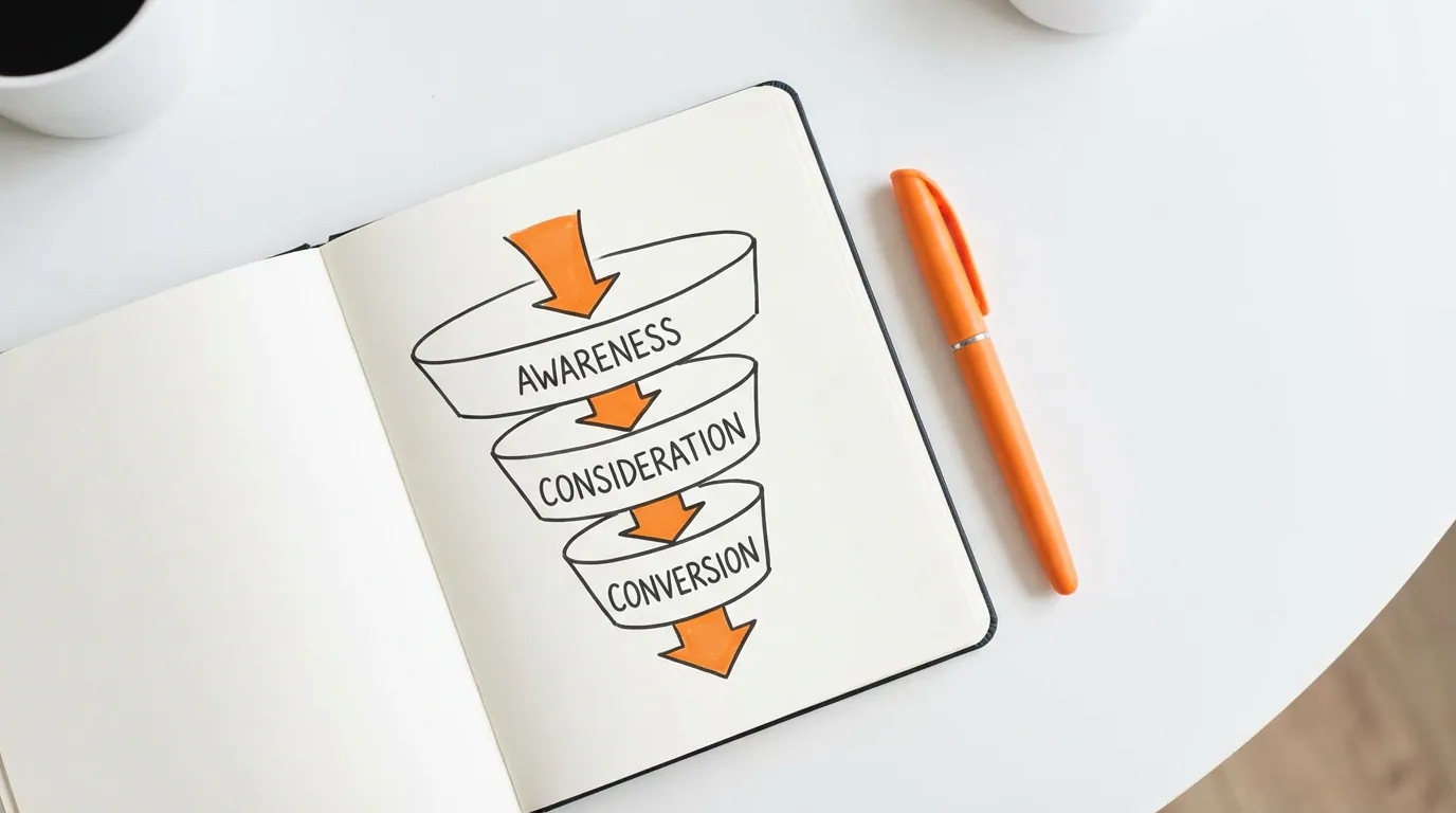 Notebook with hand-drawn funnel and orange arrows, orange pen, white desk, top-down
