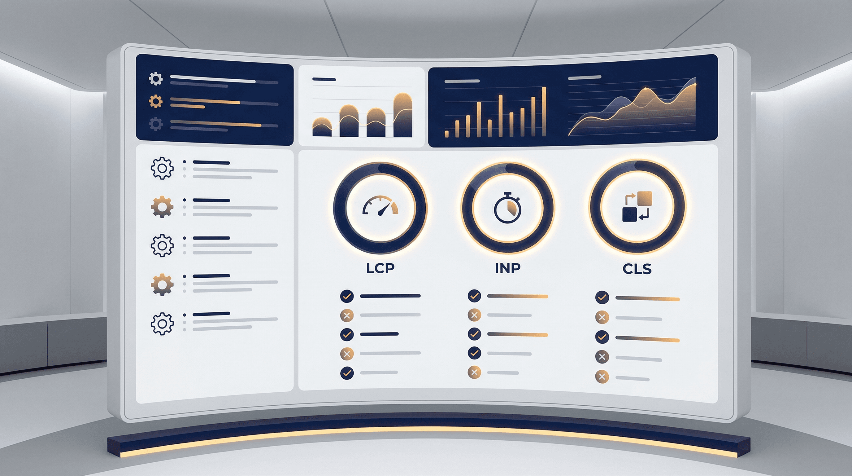 Performance dashboard showing LCP INP CLS and optimization checklist