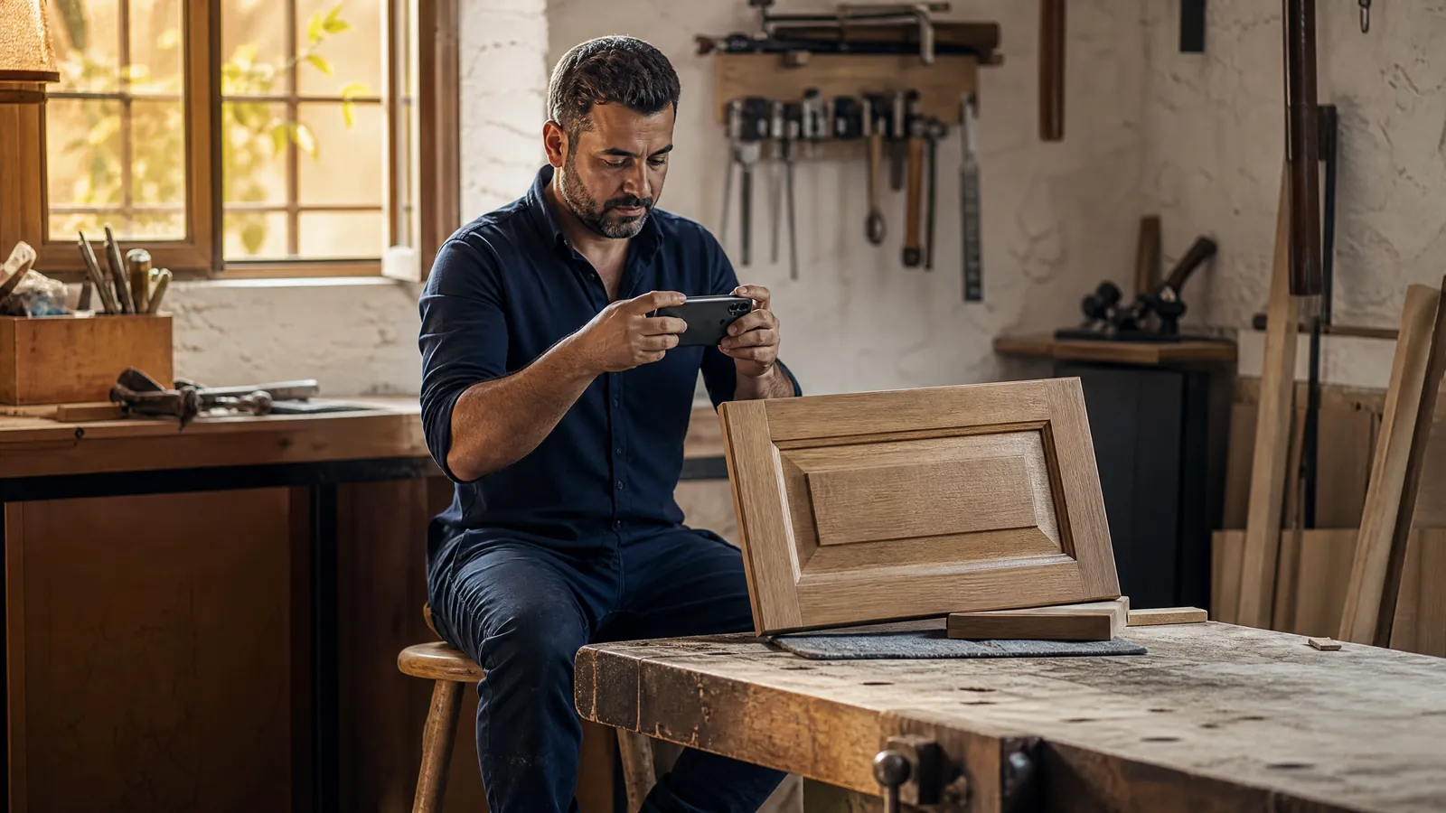 A kitchen fitter in his workshop photographs a finished oak cabinet door with his phone, the kind of real work a service business shares on social media to win enquiries.