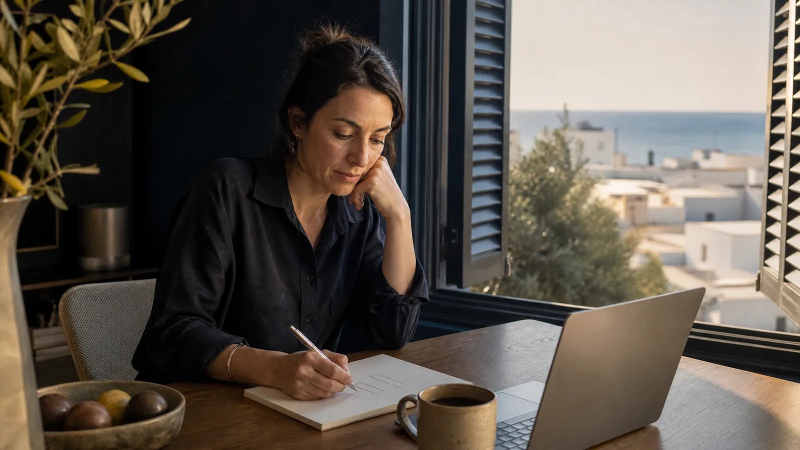 A small business owner at a desk by an open window over whitewashed rooftops and the sea, sketching her monthly ad budget in a notebook next to her laptop, as the owner of a Cyprus business planning what to spend on Google Ads.