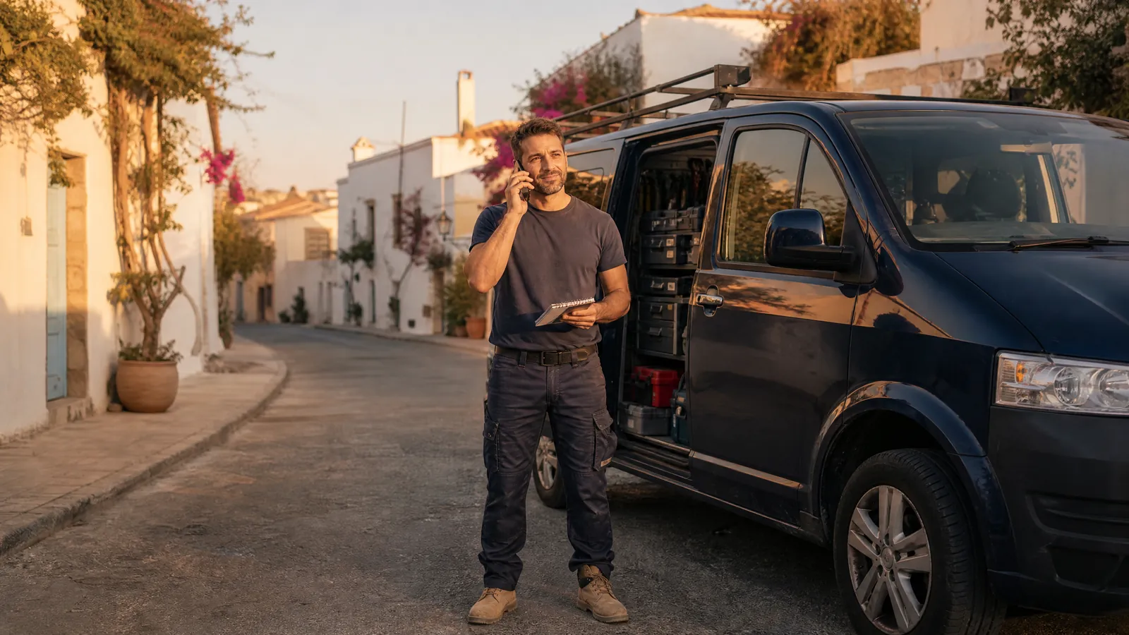 A plumber stands by his open work van on a sunny village street and takes a customer's enquiry by phone, notepad in hand, the moment of fast reply and first qualifying questions this guide is about.