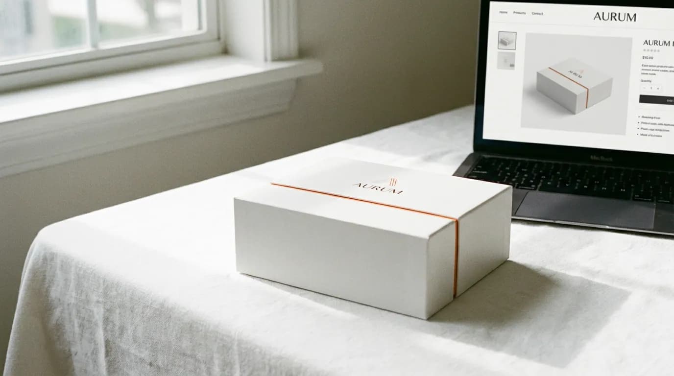 White product box on white surface with orange label detail, laptop with product page, minimal