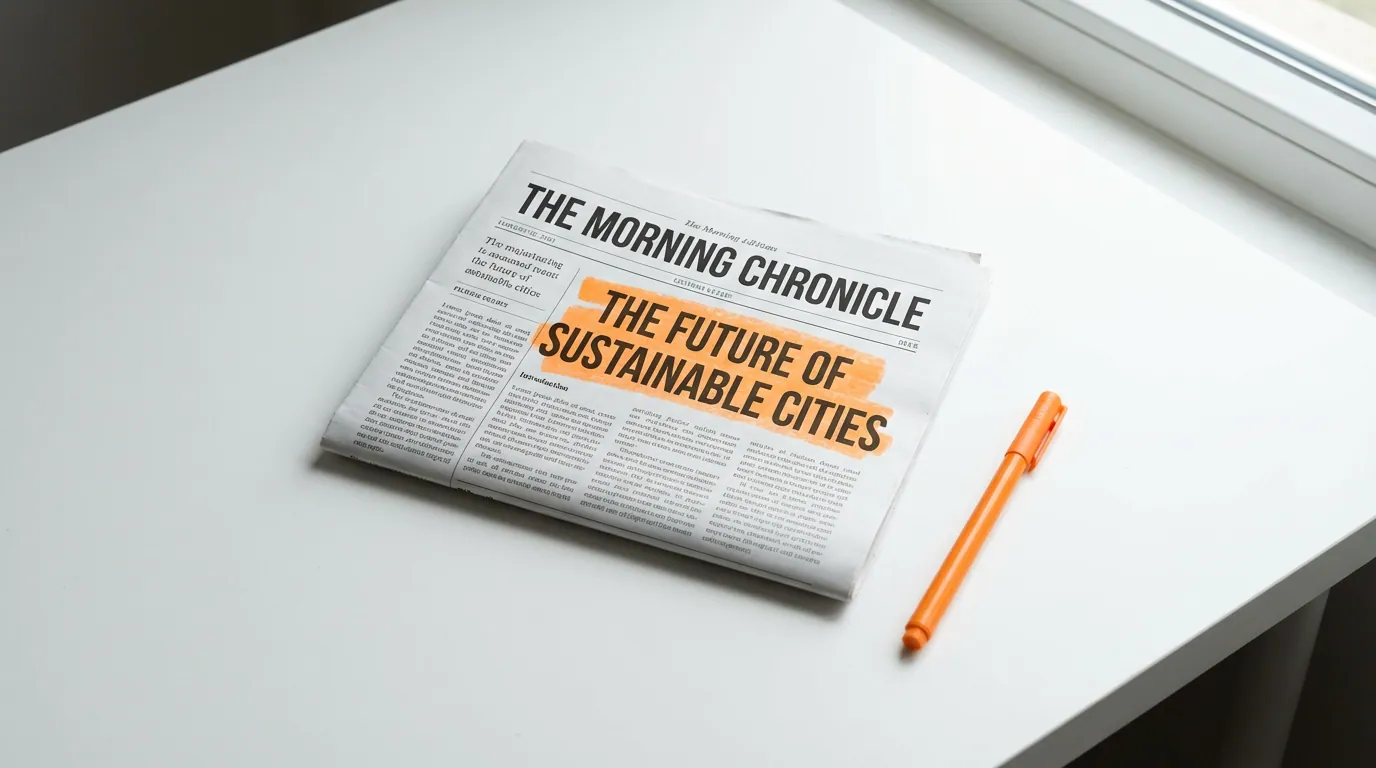 Open newspaper on white desk with article highlighted by orange marker