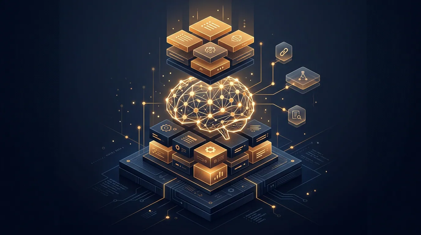 Glowing brain made of connected nodes between layers of content blocks, illustrating SEO foundations underneath AI search.