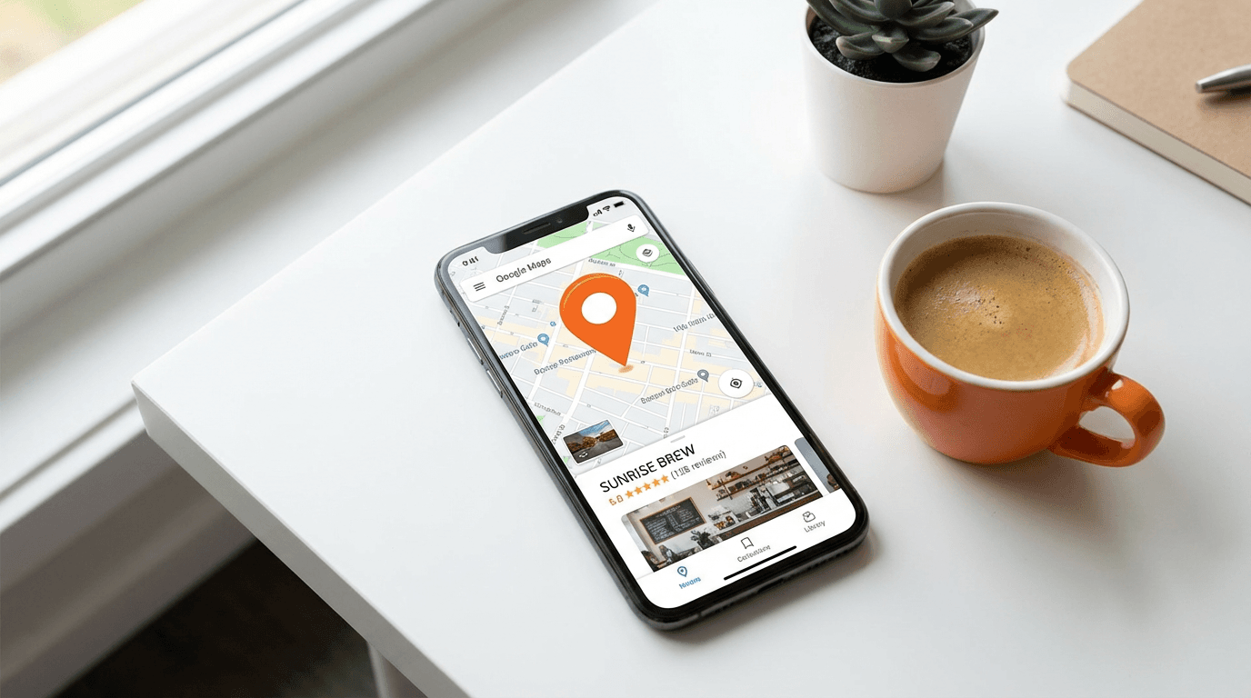 Smartphone on white desk with map pin and five-star rating visible