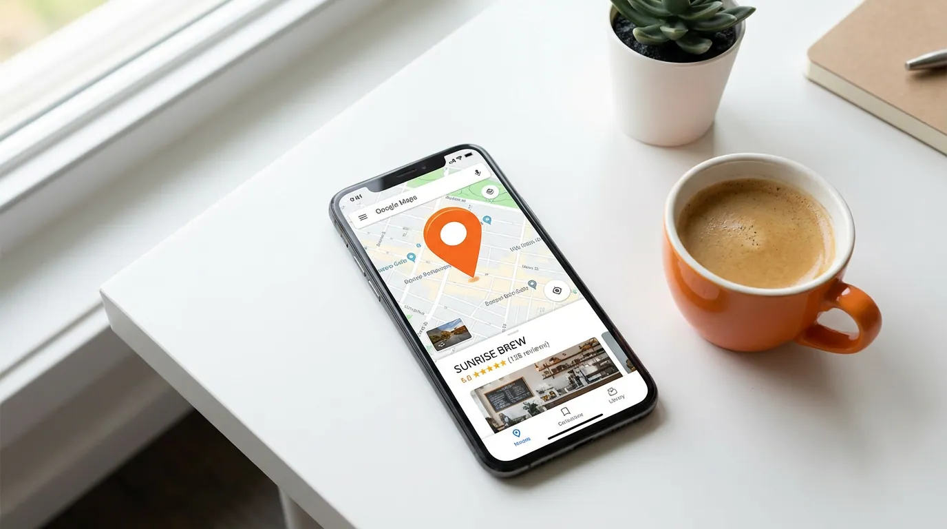 Smartphone on white desk with map pin and five-star rating visible