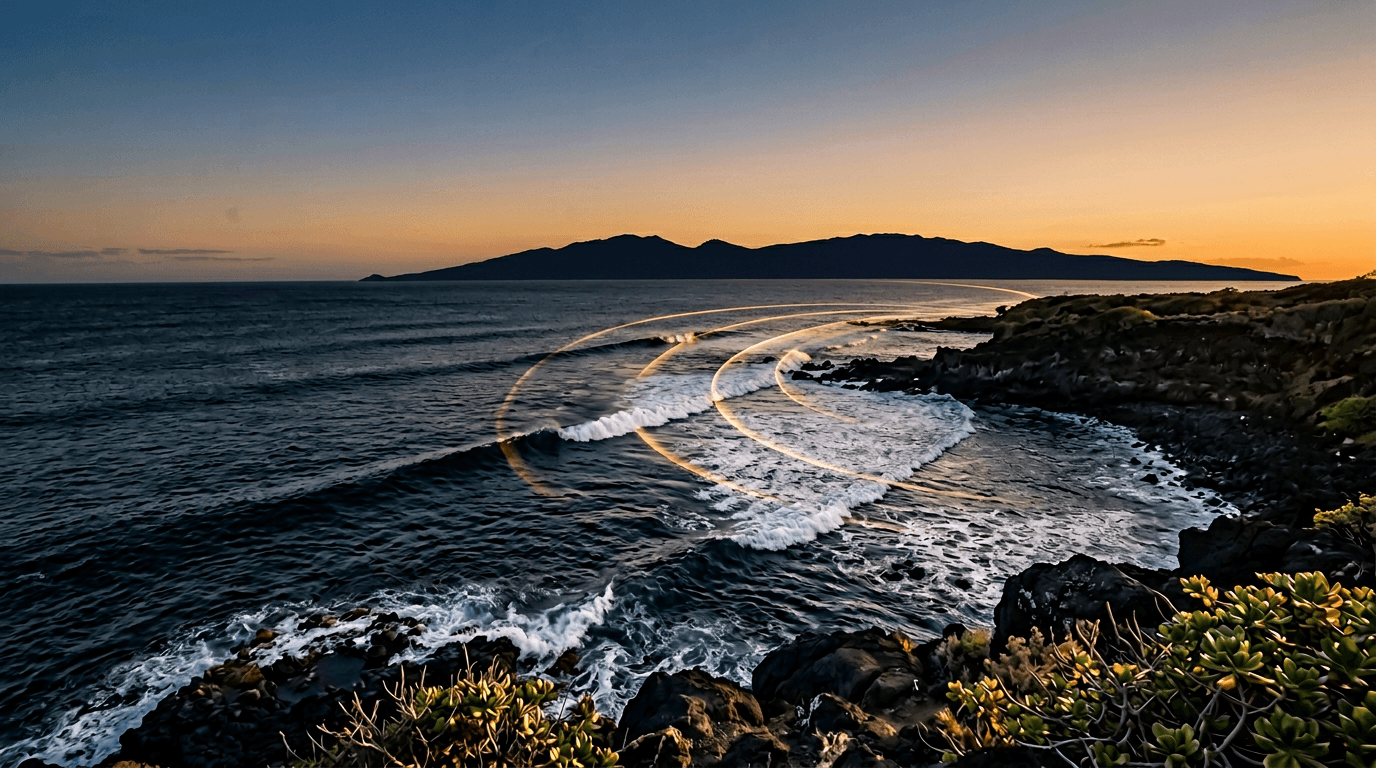 Stylised Pacific island map silhouette with search signal arcs, minimal premium illustration, navy and amber.