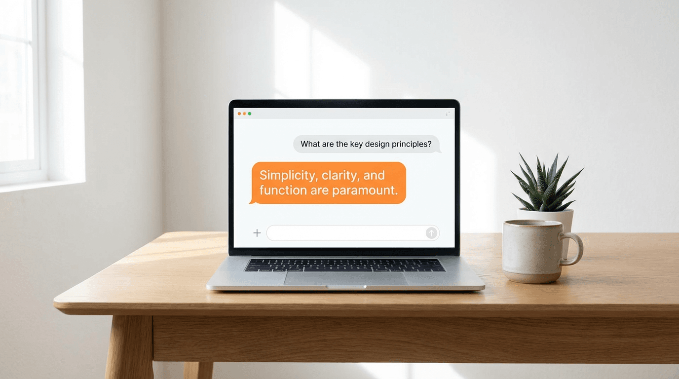 Laptop showing chat interface with orange highlighted response on white desk
