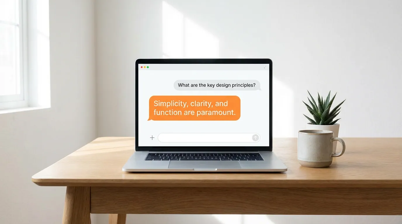 Laptop showing chat interface with orange highlighted response on white desk
