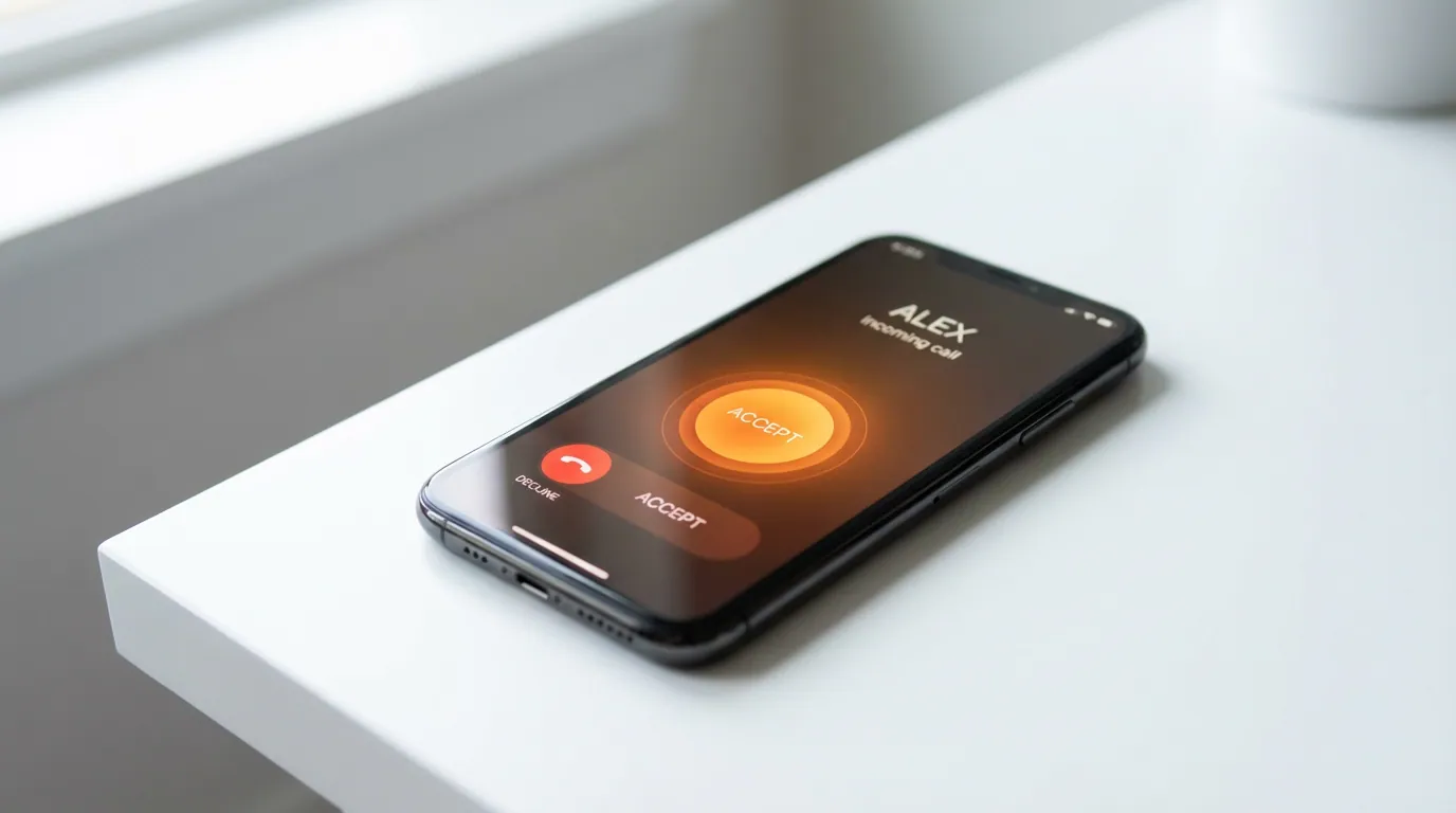 Smartphone with incoming call screen and orange accept button on white surface