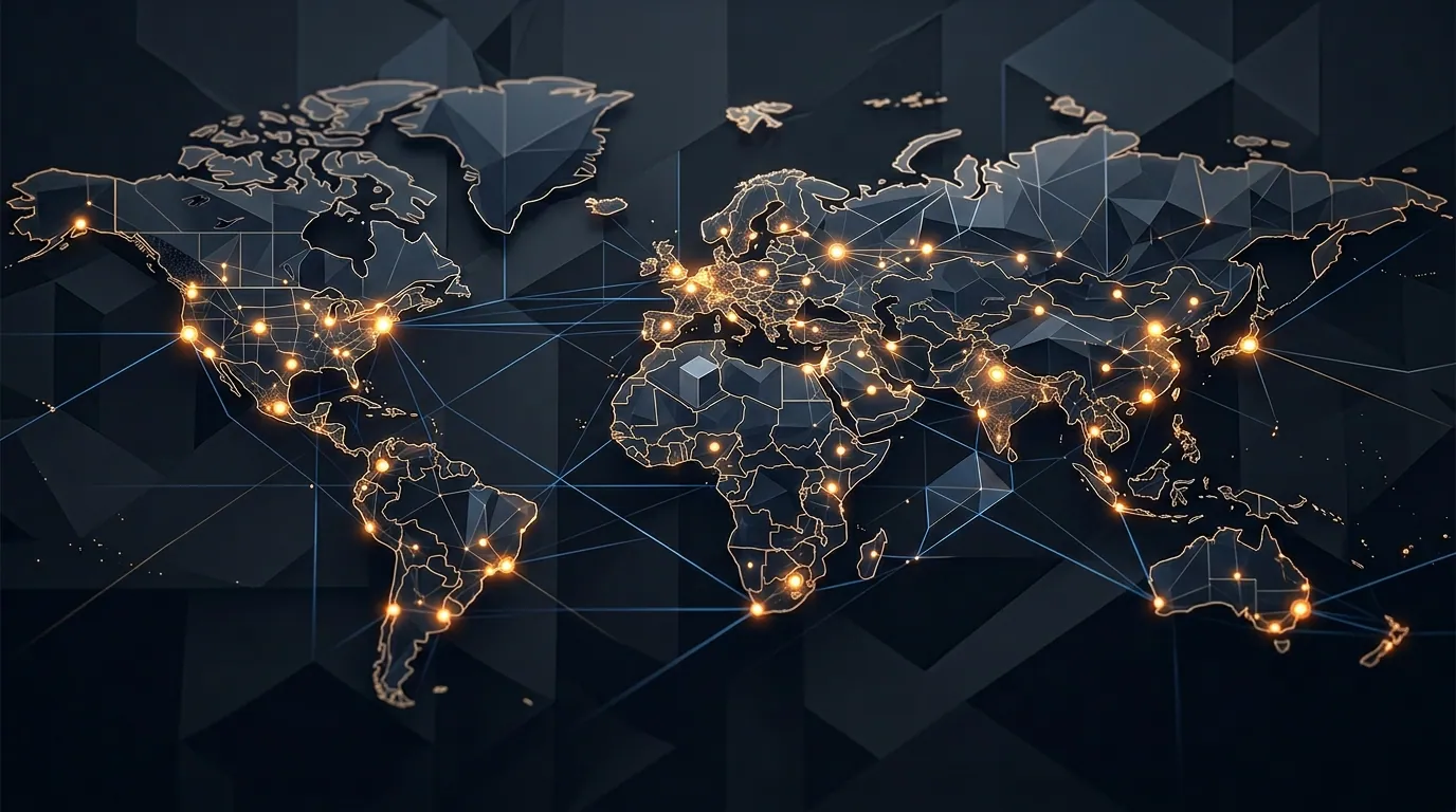 Minimal analytics lattice with signal nodes, navy background and amber highlights, editorial style.