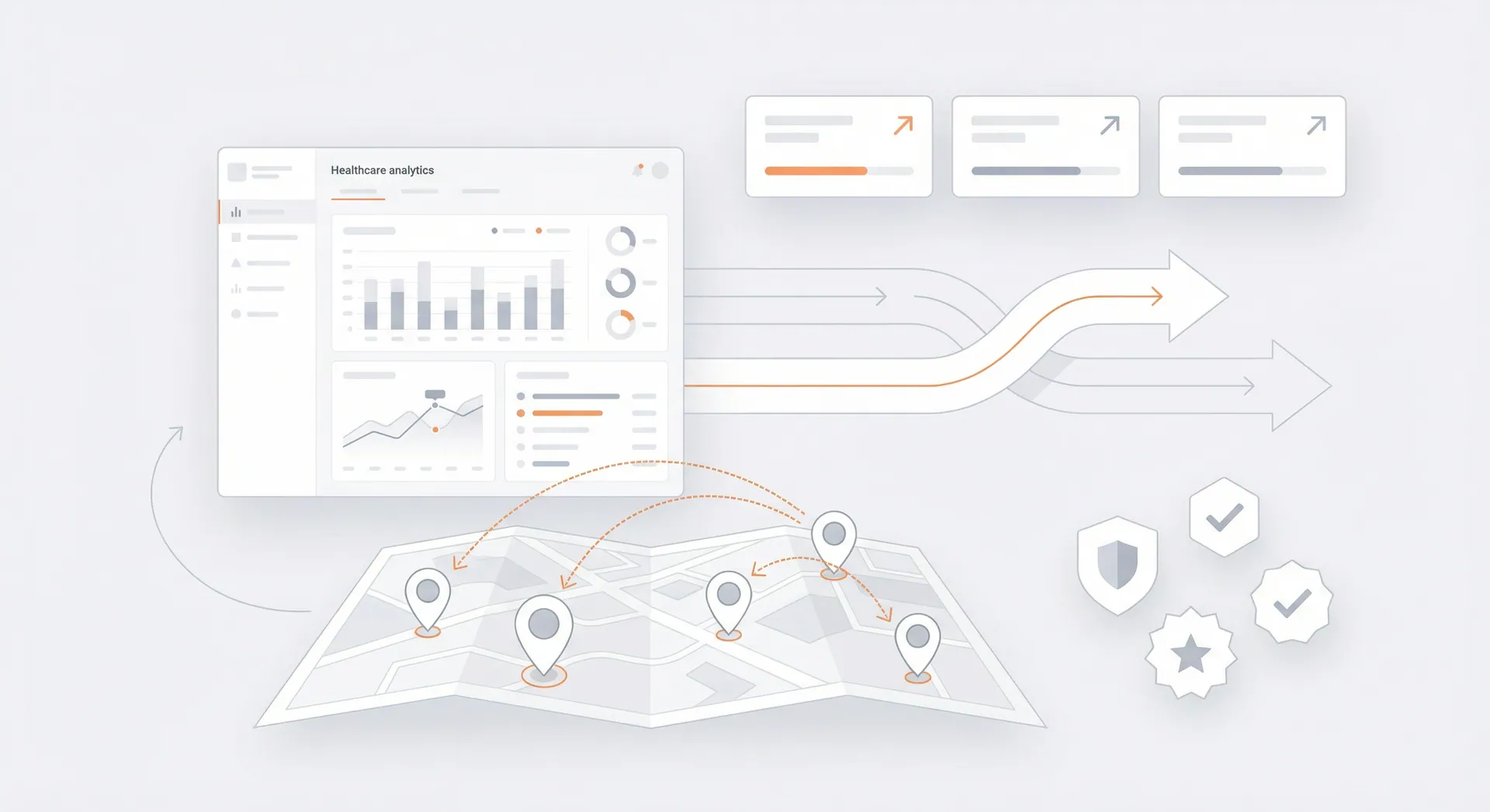 Healthcare growth dashboard with clinic locations, trust signals, and patient journey map