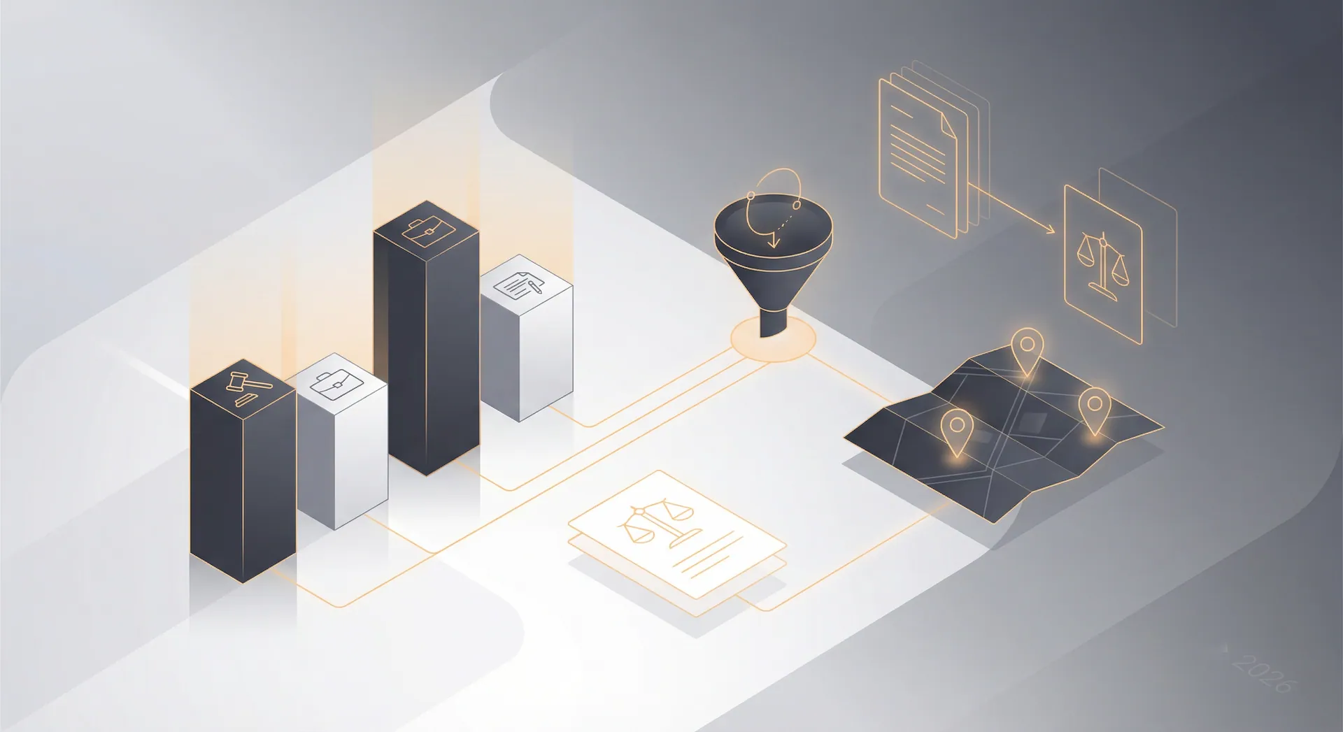 Law firm SEO board with practice areas, local map signals, and intake conversion metrics