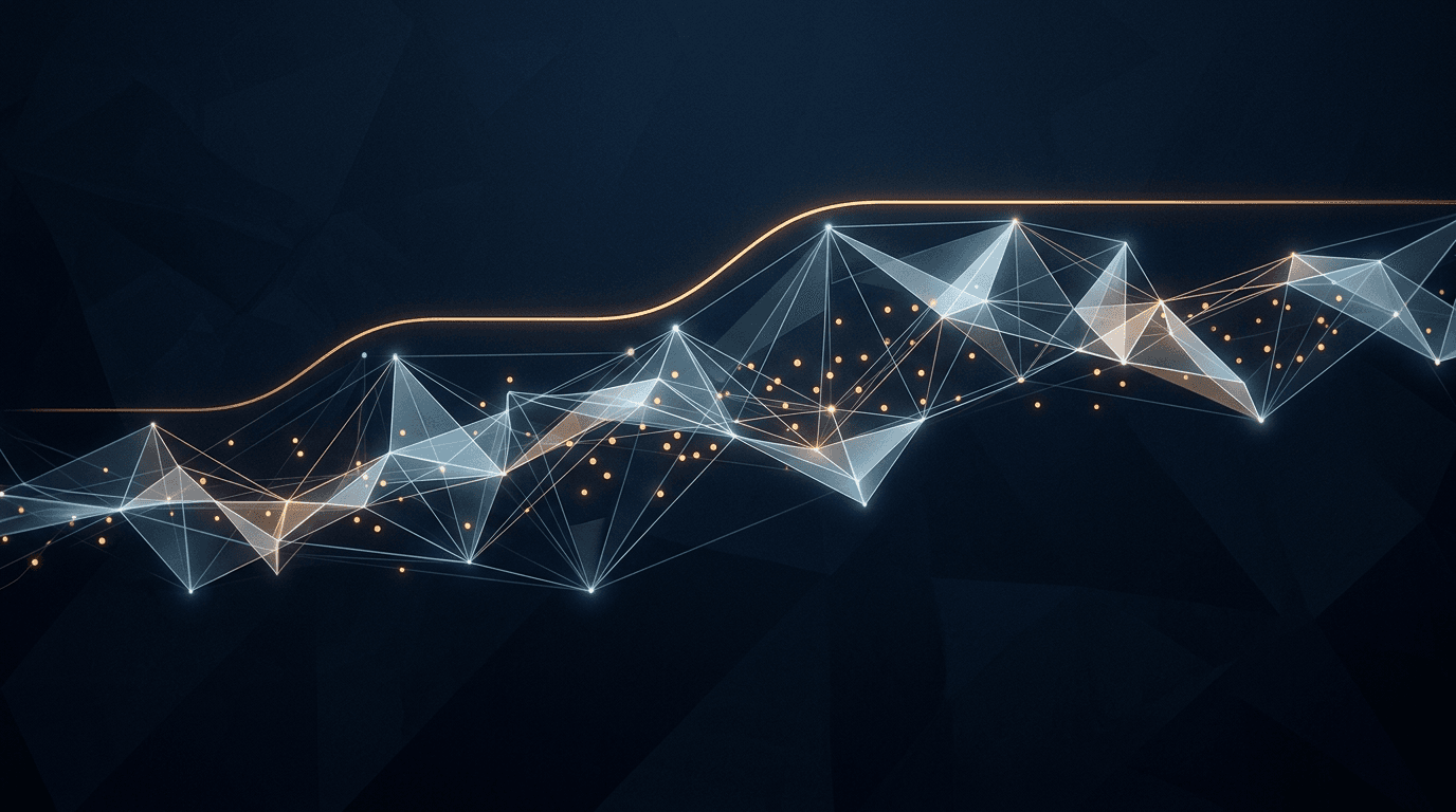 Abstract AI answer surface with citation nodes, minimal geometric style, navy and warm amber.