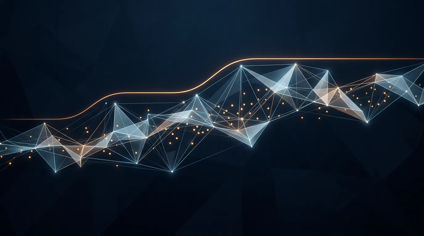 Ridge of connected light points under a rising amber line, symbolising AI answers drawn from many web sources.