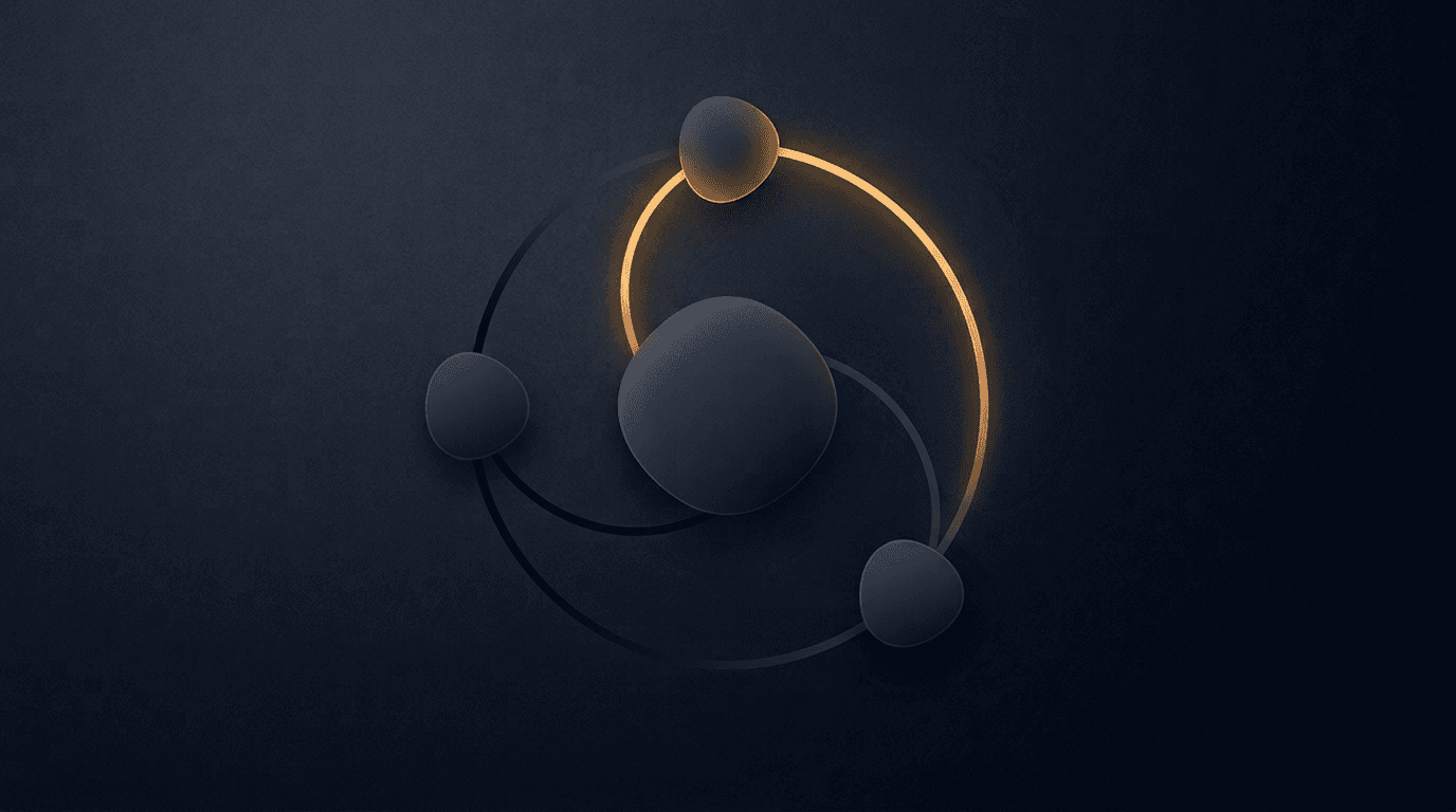 Minimal diagram of web pages connected by links to a central brand node, editorial style, navy and warm amber accents.