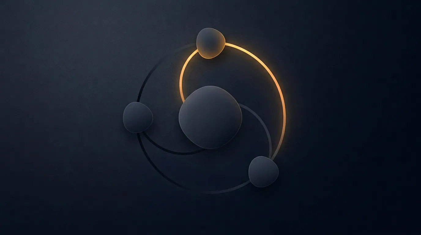 Three dark spheres joined by a glowing ring: websites connected to each other by links