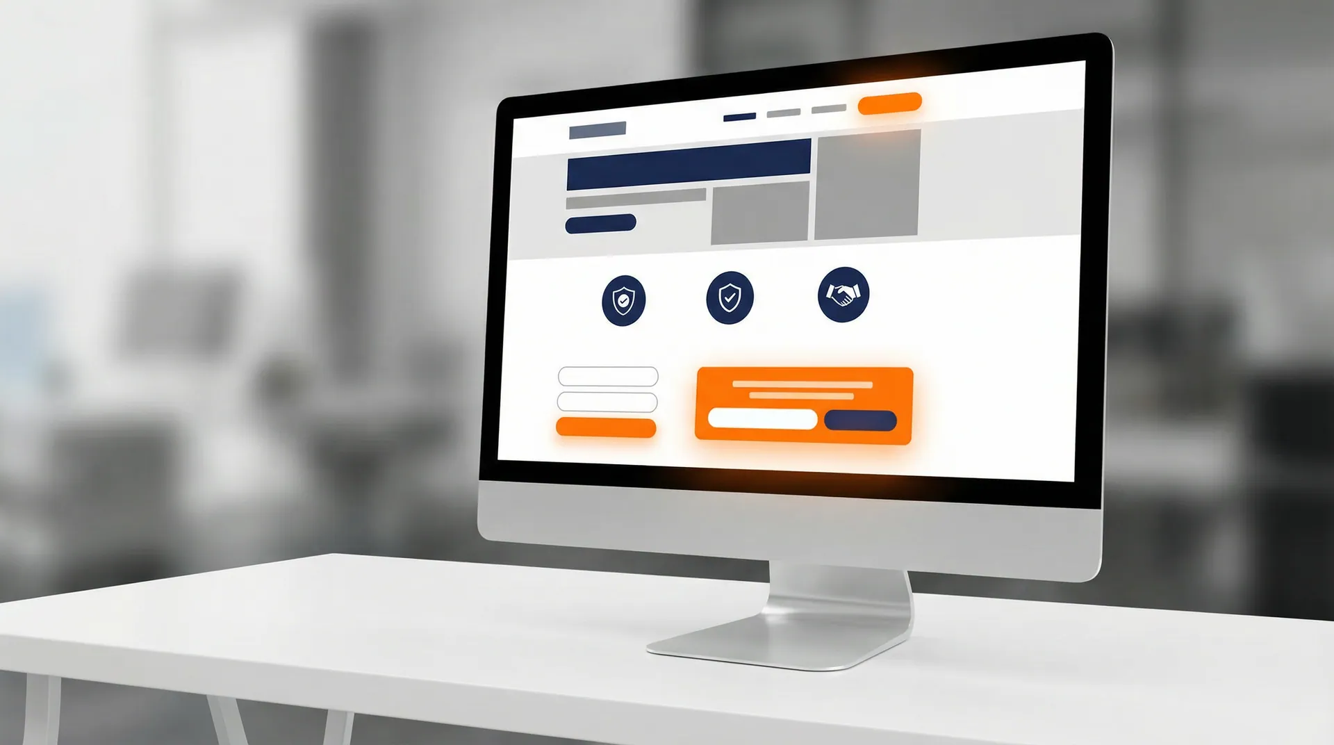 Monitor showing a landing page with a headline, three trust icons and a highlighted button