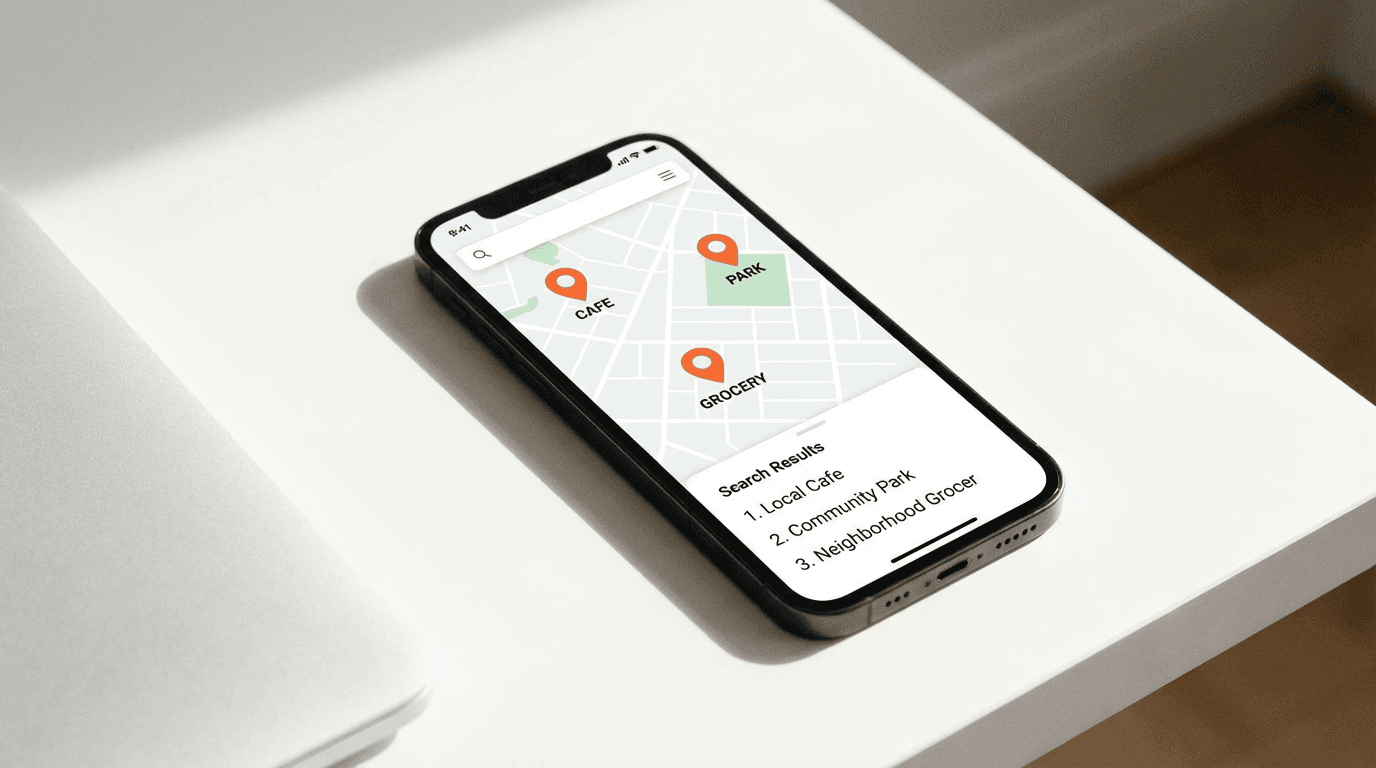 Smartphone showing Google Maps local search with three orange location pins on minimal map