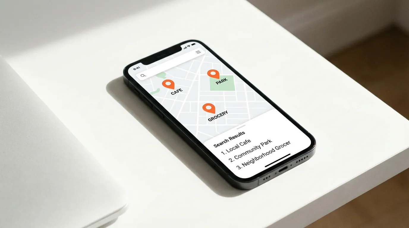 Smartphone showing Google Maps local search with three orange location pins on minimal map