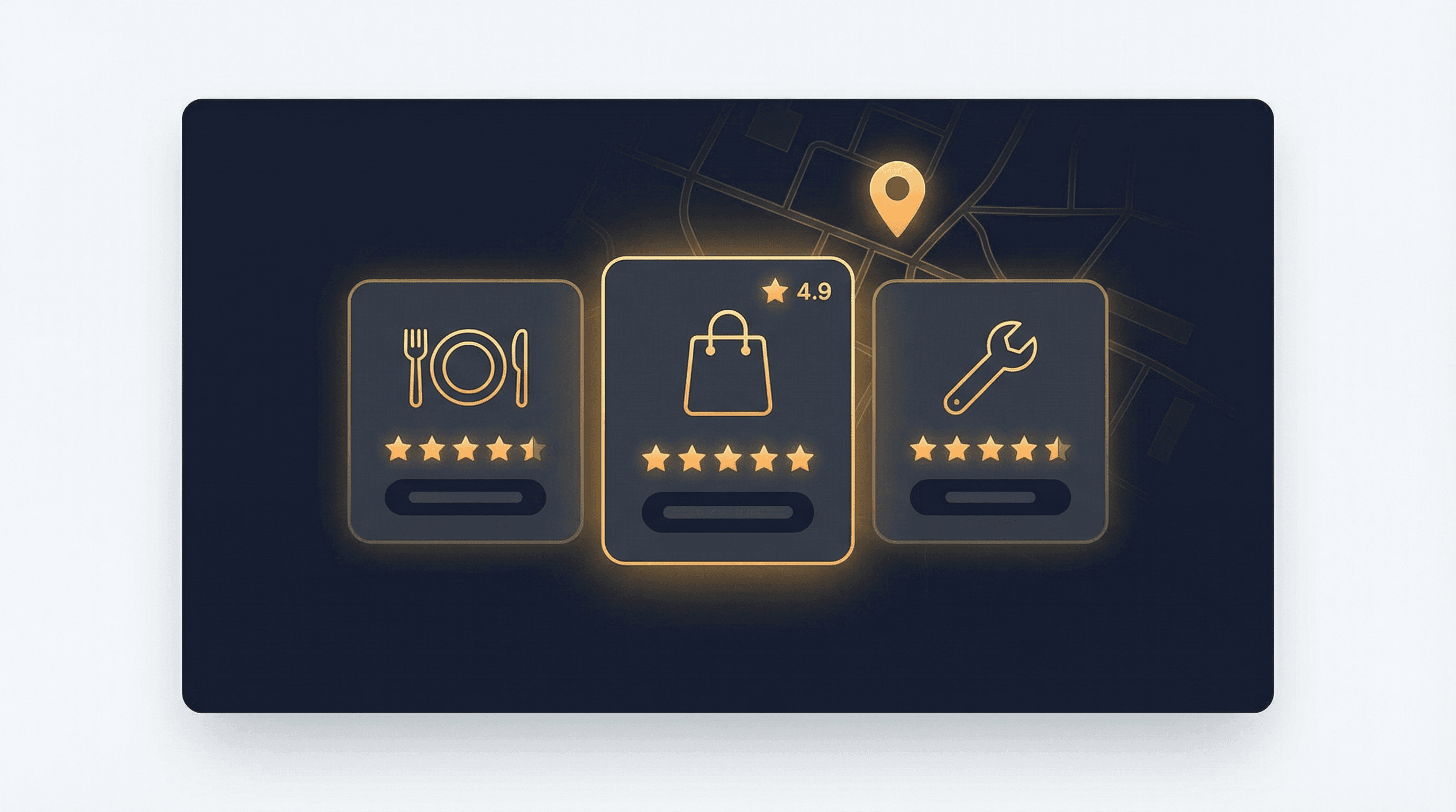 Local map pack cards with review stars and category labels