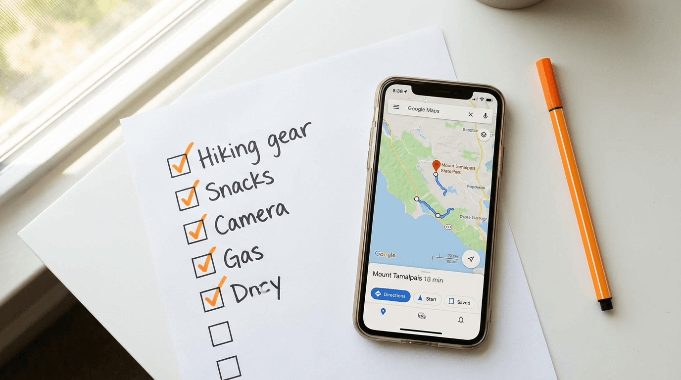 Paper checklist, smartphone with Google Maps pin and orange pen on white desk