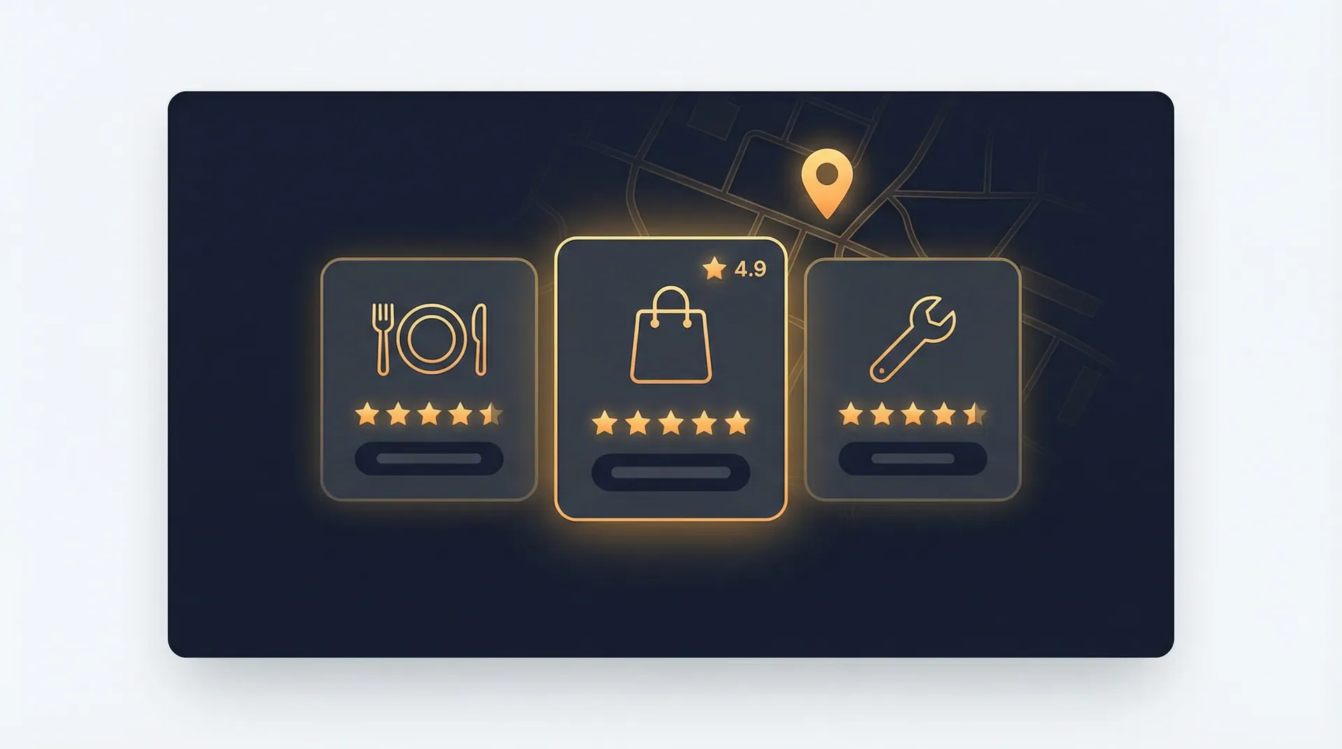 Map pin motif over a stylised Cyprus coastline with four city markers, navy and amber, editorial minimal style.